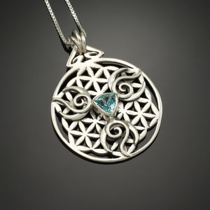 Flower of life geometry pendant with Blue Sky Topaz